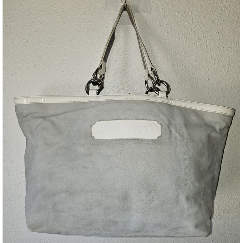 Coach Vintage Suede Tote in Grey‎ and White
